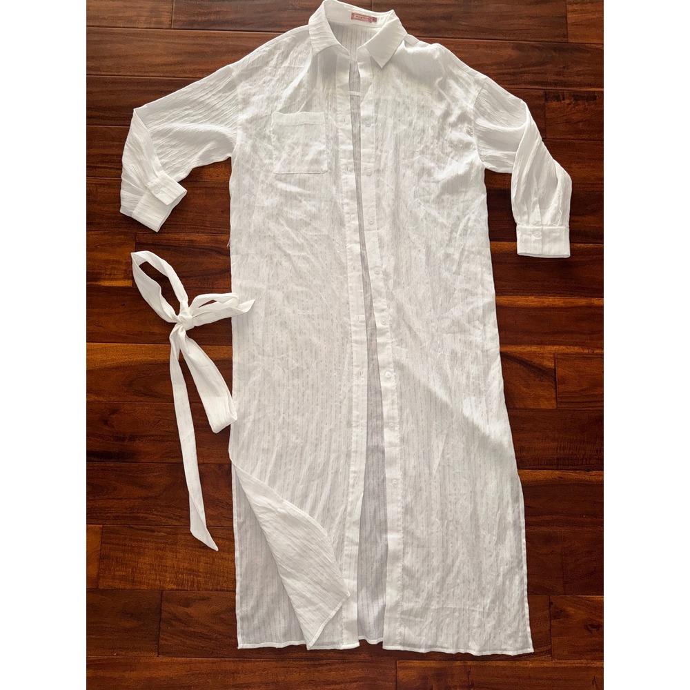 skylar Rose White Textured Stripe Maxi Shirt Dress Cover Up Belted Size S